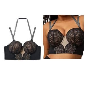 Torrid Bombshell Strapless Push-Up Lace Bra Black 40DDD Rhinestone Straps NWT